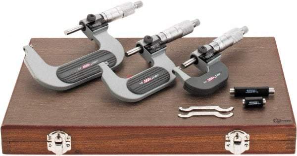 SPI - 0 to 3" Range, 3 Piece Mechanical Outside Micrometer Set - 0.0001" Graduation, 0.0001, 0.0002" Accuracy, Ratchet Stop Thimble, Carbide Face - Eagle Tool & Supply
