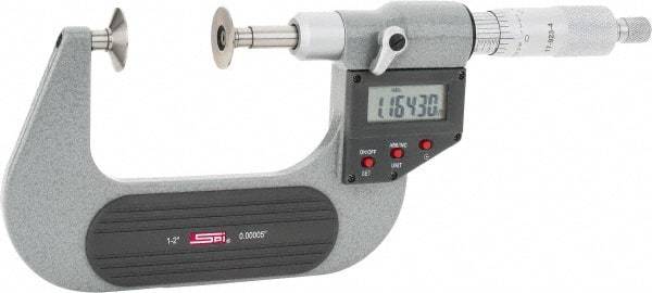 SPI - 1 to 2", IP54, Ratchet Stop Thimble, Electronic Disc Micrometer - 0.0002" Accuracy, 0.79" Disc, 0.00005" Resolution, 0.31" Spindle Diam, Steel Face, NIST Traceability Certification Included - Eagle Tool & Supply