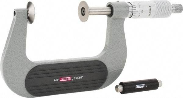 SPI - 2 to 3", Ratchet Stop Thimble, Mechanical Disc Micrometer - 0.0002" Accuracy, 0.79" Disc, 0.0001" Resolution, 0.31" Spindle Diam, Steel Face, NIST Traceability Certification Included - Eagle Tool & Supply