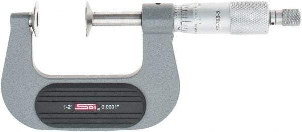 SPI - 1 to 2", Ratchet Stop Thimble, Mechanical Disc Micrometer - 0.0002" Accuracy, 0.79" Disc, 0.0001" Resolution, 0.31" Spindle Diam, Steel Face, NIST Traceability Certification Included - Eagle Tool & Supply
