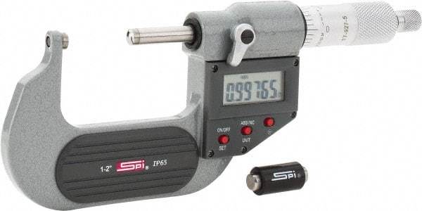 SPI - Electronic, 1 to 2" Measurement, Painted Finish Carbide Face Ball Anvil Micrometer - 0.00005" Graduation, Ratchet Stop Thimble - Eagle Tool & Supply