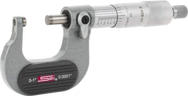 SPI - Mechanical, 0 to 1" Measurement, Painted Finish Carbide Face Ball Anvil Micrometer - 0.0001" Graduation, Ratchet Stop Thimble - Eagle Tool & Supply