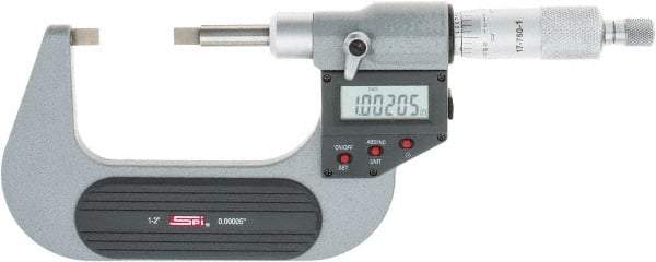 SPI - 25mm to 50mm Electronic Painted Blade Micrometer - 0.003mm Accuracy, 0.75mm Blade Thickness, Ratchet Stop Thimble - Eagle Tool & Supply
