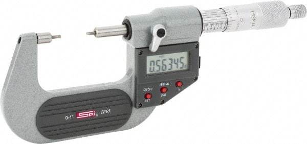 SPI - 0 to 1 Inch, 1.26 Inch Throat Depth, Electronic Spline Micrometer - 0.0001 Inch Accuracy, 0.00005 Inch Graduation, 0.25 Inch Spindle Diameter, 2mm Head Diameter, Ratchet Stop Thimble, Data Output - Eagle Tool & Supply