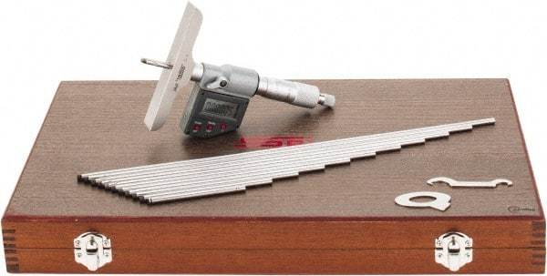 SPI - 0 to 300mm Range, 4" Base Length, 12 Rods, Ratchet Stop Thimble, Electronic Depth Micrometer - IP65, 0.00005" Resolution, Accurate to 0.007mm, 0.176" Rod Diam, LR44 Battery, Data Output - Eagle Tool & Supply