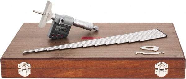 SPI - 0 to 300mm Range, 2-1/2" Base Length, 12 Rods, Ratchet Stop Thimble, Electronic Depth Micrometer - IP65, 0.00005" Resolution, Accurate to 0.007mm, 0.176" Rod Diam, LR44 Battery, Data Output - Eagle Tool & Supply