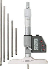 SPI - 0 to 150mm Range, 4" Base Length, 6 Rods, Ratchet Stop Thimble, Electronic Depth Micrometer - IP65, 0.00005" Resolution, Accurate to 0.005mm, 0.176" Rod Diam, LR44 Battery, Data Output - Eagle Tool & Supply