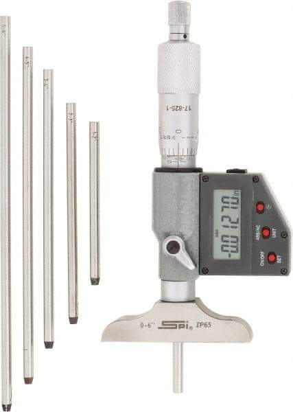 SPI - 0 to 150mm Range, 2-1/2" Base Length, 6 Rods, Ratchet Stop Thimble, Electronic Depth Micrometer - IP65, 0.00005" Resolution, Accurate to 0.005mm, 0.176" Rod Diam, LR44 Battery, Data Output - Eagle Tool & Supply