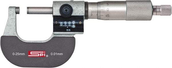 SPI - 0 to 25mm Range, 0.01mm Graduation, Mechanical Outside Micrometer - Ratchet Stop Thimble, 24mm Throat Depth, Accurate to 0.004mm, Digital Counter - Eagle Tool & Supply