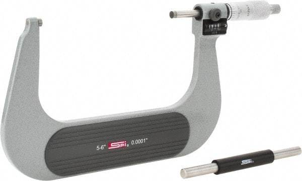 SPI - 5 to 6" Range, 0.0001" Graduation, Mechanical Outside Micrometer - Ratchet Stop Thimble, 3.23" Throat Depth, Accurate to 0.0002", Digital Counter - Eagle Tool & Supply