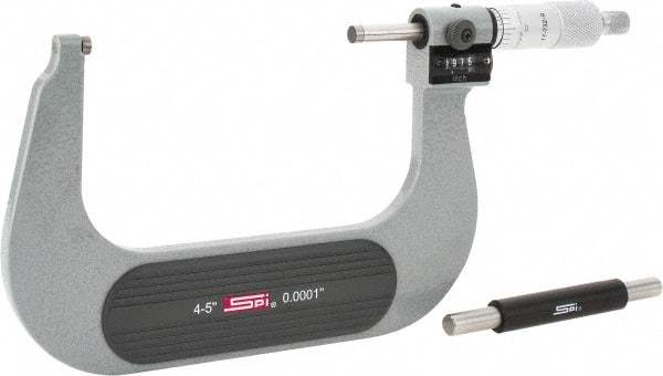 SPI - 4 to 5" Range, 0.0001" Graduation, Mechanical Outside Micrometer - Ratchet Stop Thimble, 2.76" Throat Depth, Accurate to 0.0002", Digital Counter - Eagle Tool & Supply