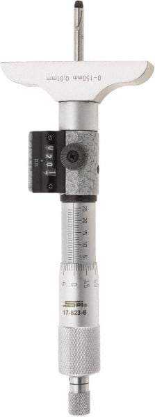 SPI - 0 to 150mm Range, 6 Rod, Mechanical Depth Micrometer - Ratchet Stop Thimble, 63mm Base Length, 0.01mm Graduation, 4.5mm Rod Diam - Eagle Tool & Supply