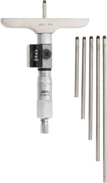 SPI - 0 to 6" Range, 6 Rod, Mechanical Depth Micrometer - Ratchet Stop Thimble, 4" Base Length, 0.001" Graduation, 4.5mm Rod Diam - Eagle Tool & Supply
