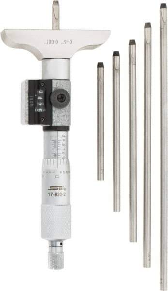 SPI - 0 to 6" Range, 6 Rod, Mechanical Depth Micrometer - Ratchet Stop Thimble, 2-1/2" Base Length, 0.001" Graduation, 4.5mm Rod Diam - Eagle Tool & Supply