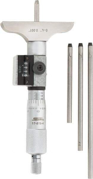 SPI - 0 to 4" Range, 4 Rod, Mechanical Depth Micrometer - Ratchet Stop Thimble, 2-1/2" Base Length, 0.001" Graduation, 4.5mm Rod Diam - Eagle Tool & Supply
