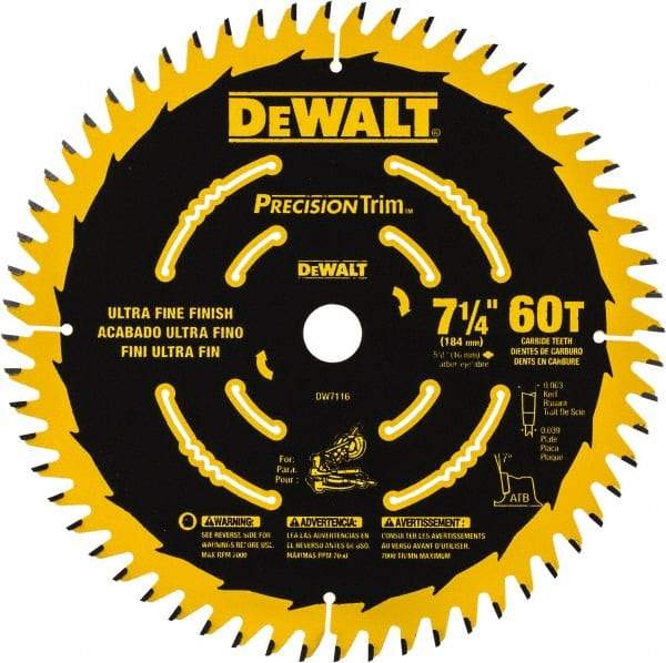 DeWALT - 7-1/4" Diam, 5/8" Arbor Hole Diam, 60 Tooth Wet & Dry Cut Saw Blade - Tungsten Carbide-Tipped, Smooth Action, Standard Round Arbor - Eagle Tool & Supply