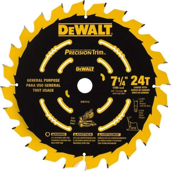 DeWALT - 7-1/4" Diam, 5/8" Arbor Hole Diam, 24 Tooth Wet & Dry Cut Saw Blade - Tungsten Carbide-Tipped, Smooth Action, Standard Round Arbor - Eagle Tool & Supply