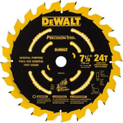 DeWALT - 7-1/4" Diam, 5/8" Arbor Hole Diam, 24 Tooth Wet & Dry Cut Saw Blade - Tungsten Carbide-Tipped, Smooth Action, Standard Round Arbor - Eagle Tool & Supply