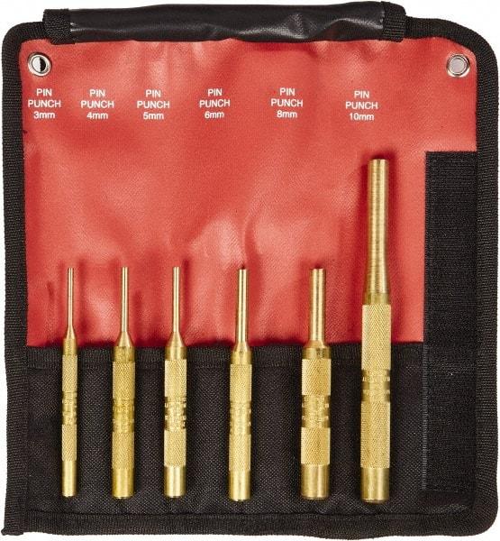 Mayhew - 6 Piece, 3 to 10mm, Pin Punch Set - Round Shank, Brass, Comes in Kit Bag - Eagle Tool & Supply