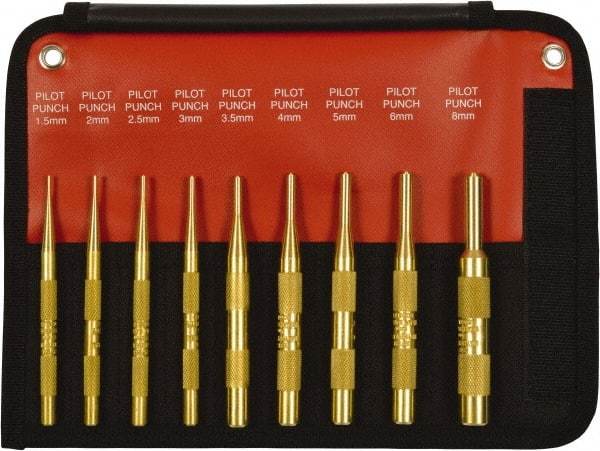 Mayhew - 9 Piece, 1.5 to 10mm, Pin Punch Set - Round Shank, Brass, Comes in Kit Bag - Eagle Tool & Supply