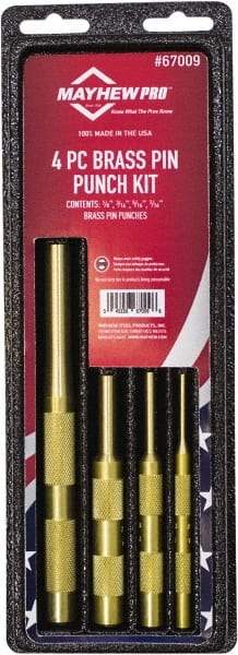 Mayhew - 4 Piece, 1/8 to 7/16", Pin Punch Set - Round Shank, Brass, Comes in Kit Bag - Eagle Tool & Supply