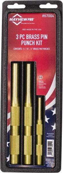 Mayhew - 3 Piece, 1/4 to 1/2", Pin Punch Set - Round Shank, Brass, Comes in Plastic Tray - Eagle Tool & Supply