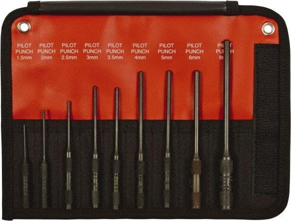 Mayhew - 9 Piece, 1.5 to 8mm, Pin & Pilot Punch Set - Hex Shank, Steel, Comes in Kit Bag - Eagle Tool & Supply