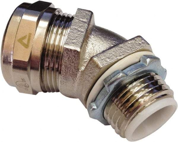 Anaconda Sealtite - 3/8" Trade, Nickel Plated Brass Threaded Angled Liquidtight Conduit Connector - Partially Insulated - Eagle Tool & Supply