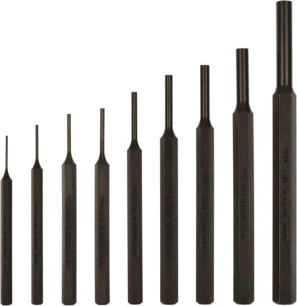 Mayhew - 9 Piece, 1.5 to 10mm, Pin Punch Set - Hex Shank, Steel, Comes in Kit Bag - Eagle Tool & Supply