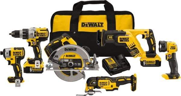 DeWALT - 20 Volt Cordless Tool Combination Kit - Includes 1/2" Brushless Hammerdrill, 1/4" Brushless Impact Driver, Brushless Reciprocating Saw, 7-1/2" Brushless Circular Saw, Oscillating Tool & LED Worklight, Lithium-Ion Battery Included - Eagle Tool & Supply