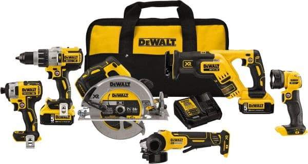 DeWALT - 20 Volt Cordless Tool Combination Kit - Includes 1/2" Brushless Hammerdrill, 1/4" Brushless Impact Driver, Brushless Reciprocating Saw, 7-1/2" Brushless Circular Saw, Cut-Off Tool/Grinder & LED Worklight, Lithium-Ion Battery Included - Eagle Tool & Supply