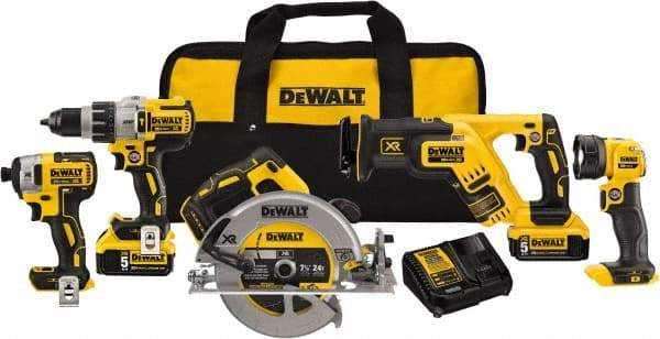 DeWALT - 20 Volt Cordless Tool Combination Kit - Includes 1/2" Brushless Hammerdrill, 1/4" Brushless Impact Driver, Brushless Reciprocating Saw, 7-1/2" Brushless Circular Saw & LED Worklight, Lithium-Ion Battery Included - Eagle Tool & Supply