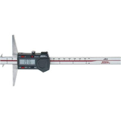 SPI - 0" to 150mm Stainless Steel Electronic Depth Gage - 0.02mm Accuracy, 0.01mm Resolution, 100mm Base Length, Hook Included - Eagle Tool & Supply