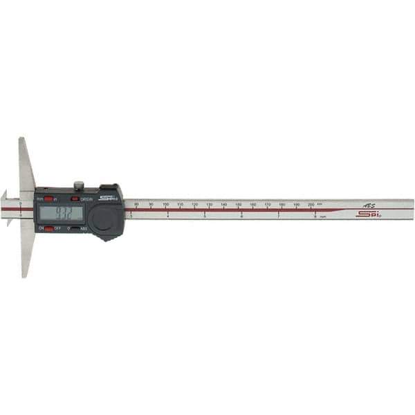 SPI - 0" to 200mm Stainless Steel Electronic Depth Gage - 0.03mm Accuracy, 0.01mm Resolution, 100mm Base Length, Hook Included - Eagle Tool & Supply