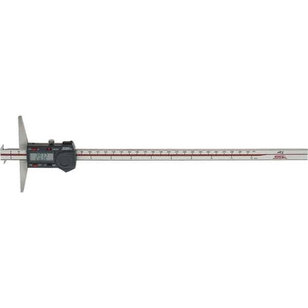 SPI - 0" to 300mm Stainless Steel Electronic Depth Gage - 0.04mm Accuracy, 0.01mm Resolution, 100mm Base Length, Hook Included - Eagle Tool & Supply