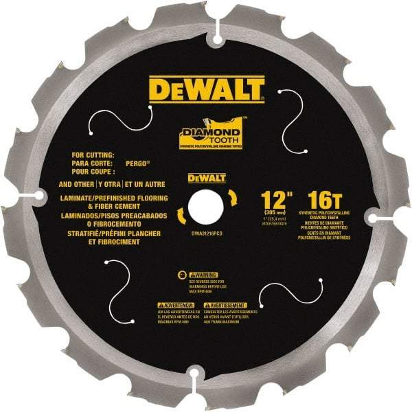 DeWALT - 12" Diam, 1" Arbor Hole Diam, 16 Tooth Wet & Dry Cut Saw Blade - Steel, Smooth Action, Standard Round Arbor - Eagle Tool & Supply