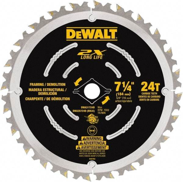 DeWALT - 7-1/4" Diam, 15.88mm Arbor Hole Diam, 48 Tooth Wet & Dry Cut Saw Blade - Steel, Framing Action, Standard Round Arbor - Eagle Tool & Supply