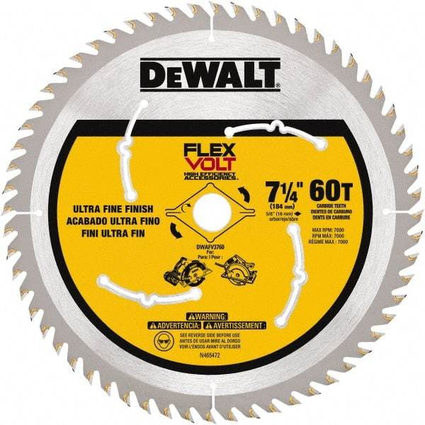 DeWALT - 7-1/4" Diam, 15.88mm Arbor Hole Diam, 60 Tooth Wet & Dry Cut Saw Blade - Steel, Smooth Action, Standard Round Arbor - Eagle Tool & Supply