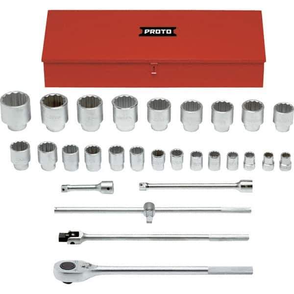 Proto - 29 Piece 1" Drive Chrome Finish Socket Set - 12 Points, 1-1/16" to 3-1/2" Range, Inch Measurement Standard - Eagle Tool & Supply