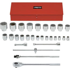 Proto - 29 Piece 1" Drive Chrome Finish Socket Set - 12 Points, 1-1/16" to 3-1/2" Range, Inch Measurement Standard - Eagle Tool & Supply
