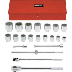 Proto - 22 Piece 1" Drive Chrome Finish Socket Set - 12 Points, 1-1/2" to 3-1/2" Range, Inch Measurement Standard - Eagle Tool & Supply