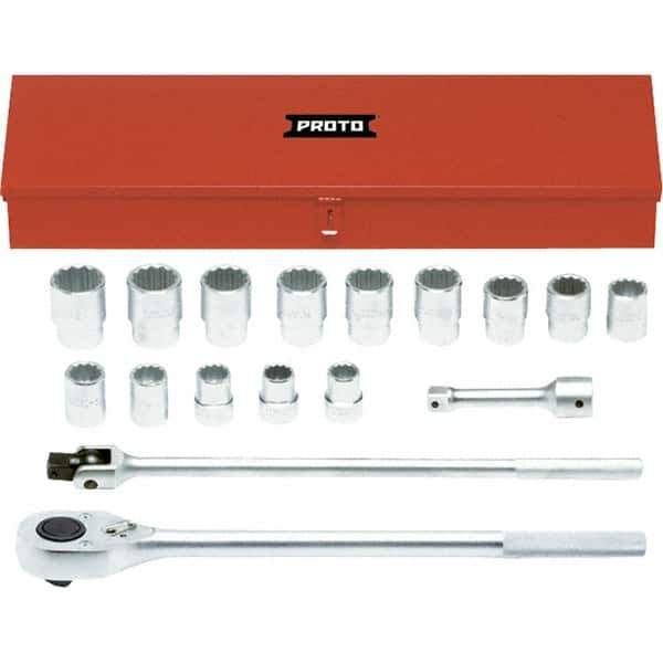 Proto - 17 Piece 1" Drive Chrome Finish Socket Set - 12 Points, 1-1/16" to 2" Range, Inch Measurement Standard - Eagle Tool & Supply