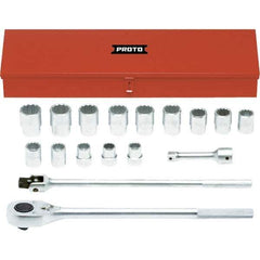 Proto - 17 Piece 1" Drive Chrome Finish Socket Set - 12 Points, 1-1/16" to 2" Range, Inch Measurement Standard - Eagle Tool & Supply