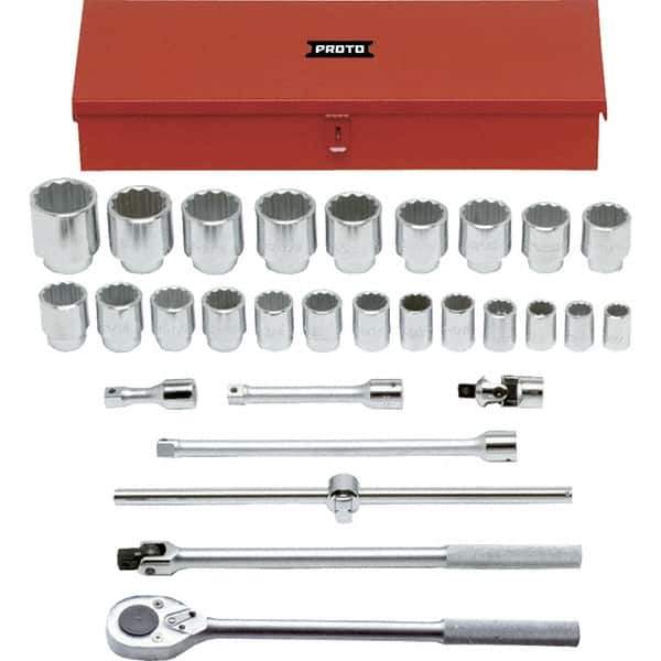 Proto - 29 Piece 3/4" Drive Chrome Finish Socket Set - 12 Points, 7/8" to 2-3/8" Range, Inch Measurement Standard - Eagle Tool & Supply