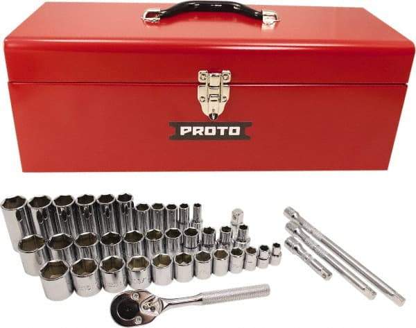 Proto - 39 Piece 3/8" & 1/2" Drive Chrome Finish Deep Well Socket Set - 6 Points, 5/16" to 1" Range, Inch Measurement Standard - Eagle Tool & Supply
