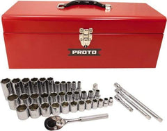 Proto - 39 Piece 3/8" & 1/2" Drive Chrome Finish Deep Well Socket Set - 6 Points, 5/16" to 1" Range, Inch Measurement Standard - Eagle Tool & Supply