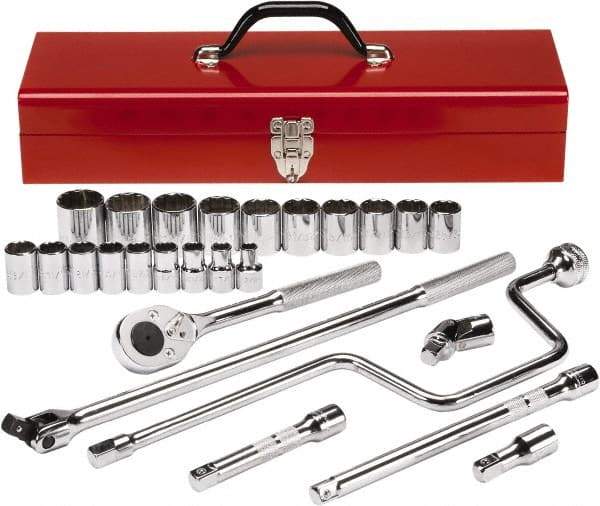 Proto - 26 Piece 1/2" Drive Chrome Finish Socket Set - 12 Points, 3/8" to 1-1/2" Range, Inch Measurement Standard - Eagle Tool & Supply