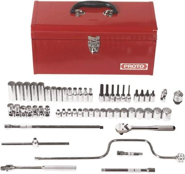 Proto - 57 Piece 3/8" Drive Chrome Finish Deep Well Socket Set - 12 Points, 6mm to 22mm Range, Metric Measurement Standard - Eagle Tool & Supply