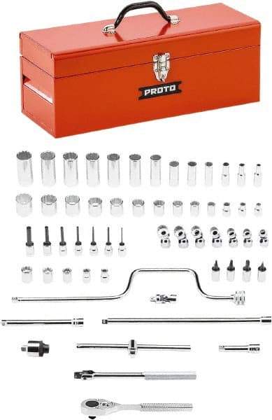 Proto - 58 Piece 3/8" Drive Chrome Finish Deep Well Socket Set - 8, 12 Points, 1/4" to 1" Range, Inch Measurement Standard - Eagle Tool & Supply