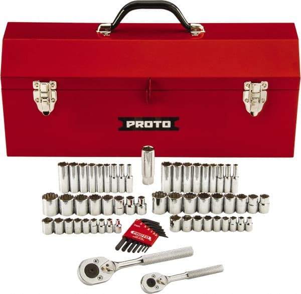 Proto - 63 Piece 1/4" & 3/8" Drive Chrome Finish Deep Well Socket Set - 6, 12 Points, 1/8" to 3/4" (5mm to 18mm) Range, Inch/Metric Measurement Standard - Eagle Tool & Supply